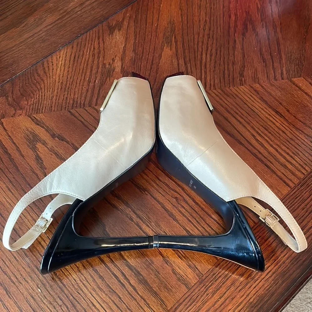 Nine West ivory leather black patent and gold accent slingback platform heels